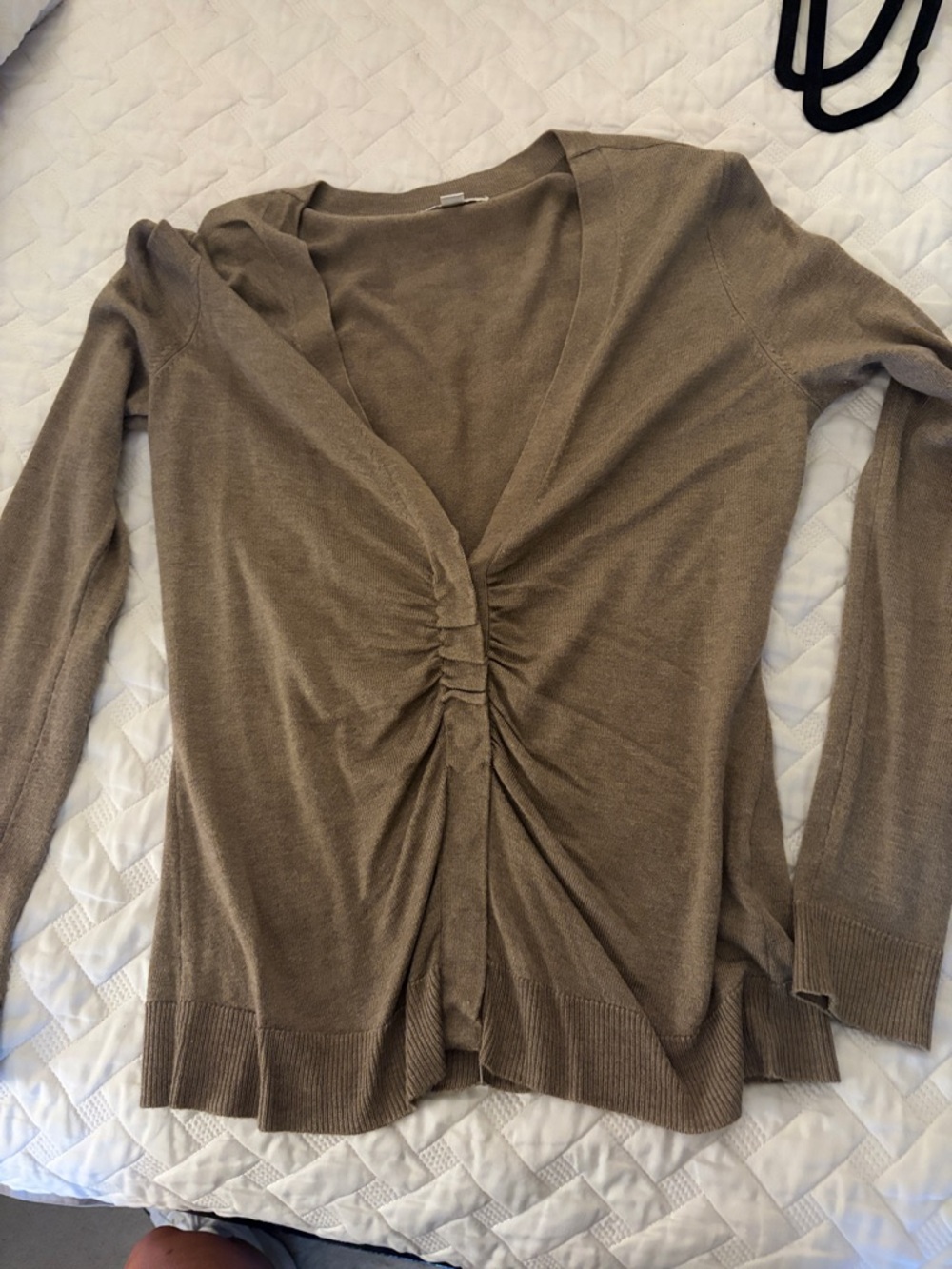New York & Company Taupe Ruched Front Lightweight Cardigan
